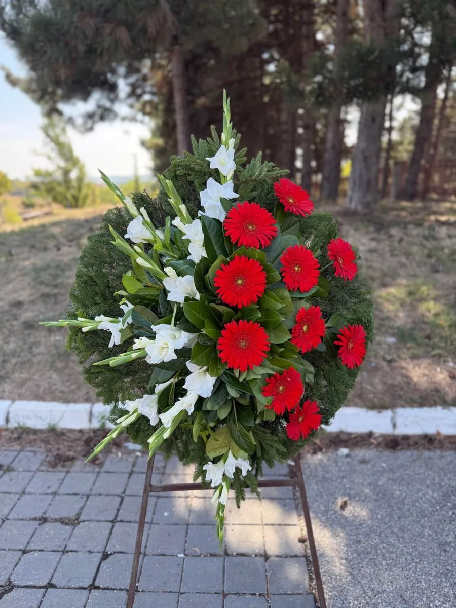 Crveno-beli venac: gerberi i gladiole (V53)